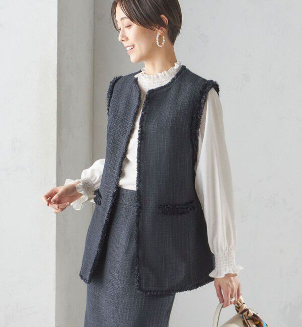 SHIPS for women「スラブ ツイード ロング ジレ（セレモニー対応可）」|ベスト・ジレ|ネイビー