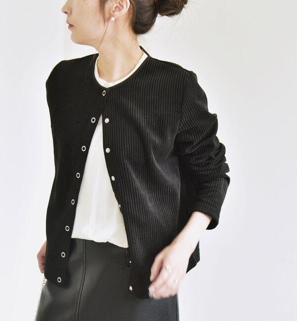 quaranciel「quaranciel:〈洗濯機可能〉ポリエステル ベロア リブ コンパクト スナップ カーディガン」|カーディガン|