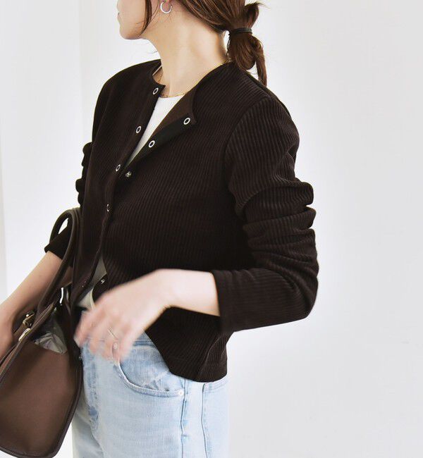 quaranciel「quaranciel:〈洗濯機可能〉ポリエステル ベロア リブ コンパクト スナップ カーディガン」|カーディガン|