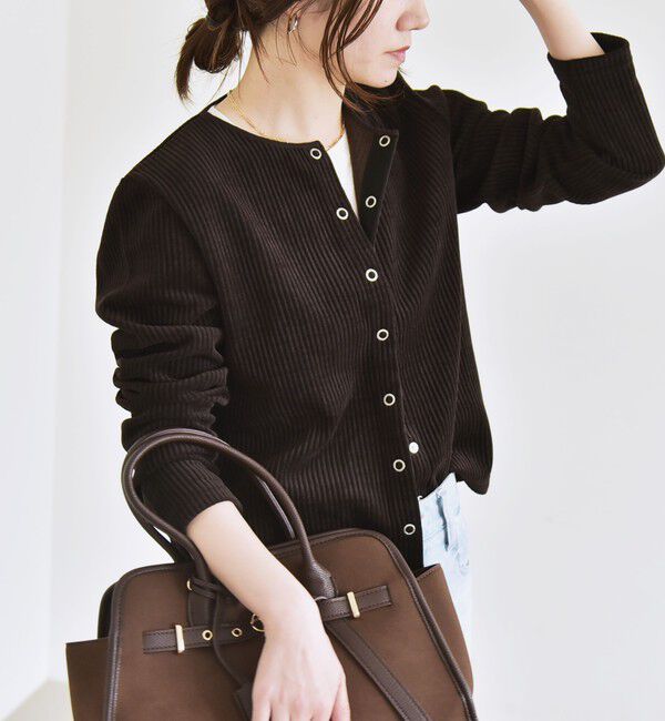 quaranciel「quaranciel:〈洗濯機可能〉ポリエステル ベロア リブ コンパクト スナップ カーディガン」|カーディガン|