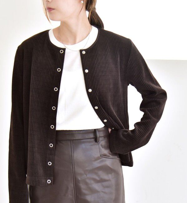 quaranciel「quaranciel:〈洗濯機可能〉ポリエステル ベロア リブ コンパクト スナップ カーディガン」|カーディガン|