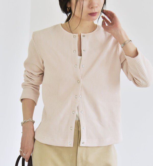 quaranciel「quaranciel:〈洗濯機可能〉ポリエステル ベロア リブ コンパクト スナップ カーディガン」|カーディガン|