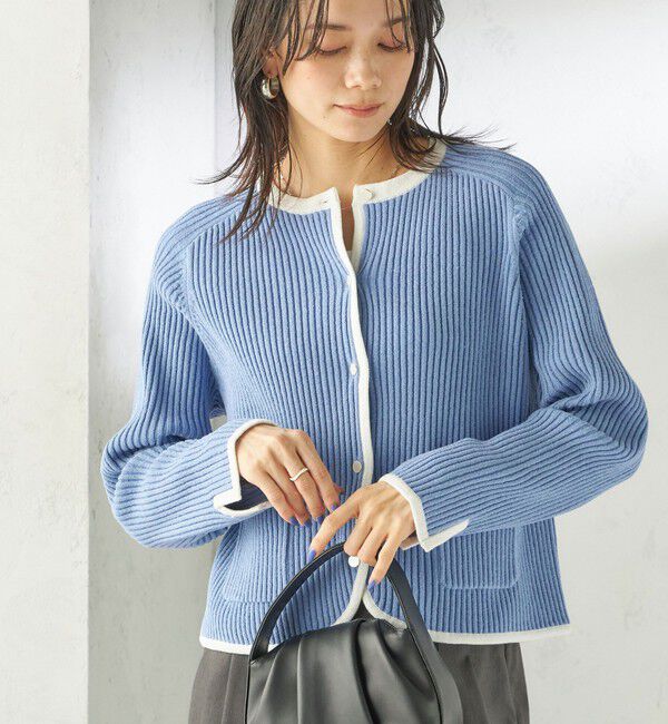SHIPS for women「〈手洗い可能〉綿混 ウェーブ モール リブ 配色 カーディガン」|カーディガン|ライトブルー