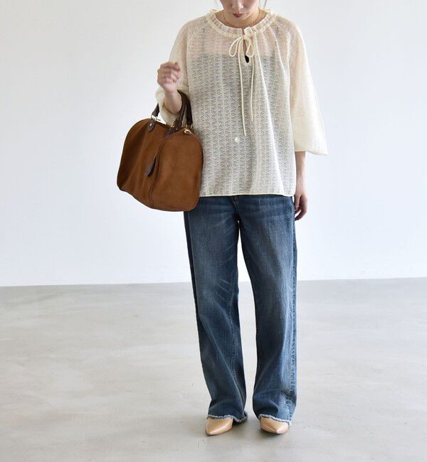 quaranciel「《予約》quaranciel:〈手洗い可能〉レース ジャカード ギャザー リボン プルオーバー」|シャツ・ブラウス|