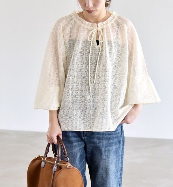 quaranciel「《予約》quaranciel:〈手洗い可能〉レース ジャカード ギャザー リボン プルオーバー」|シャツ・ブラウス|
