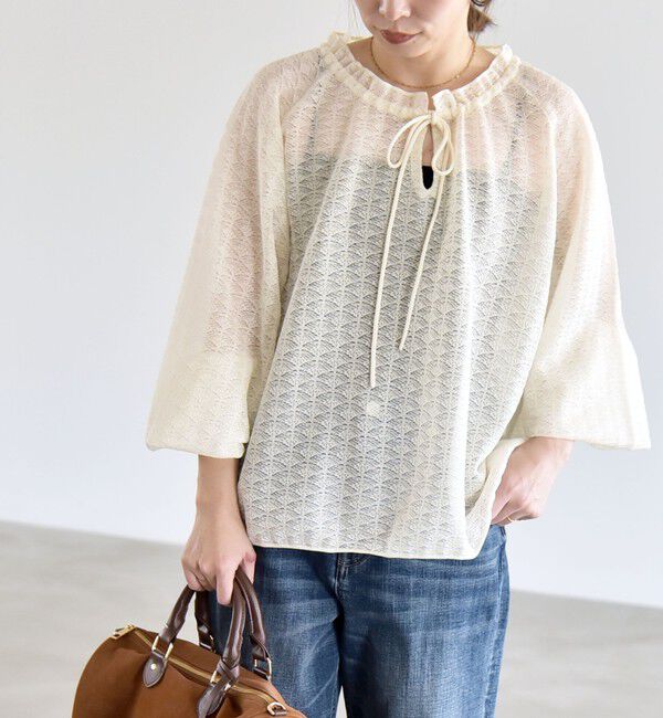 quaranciel「《予約》quaranciel:〈手洗い可能〉レース ジャカード ギャザー リボン プルオーバー」|シャツ・ブラウス|