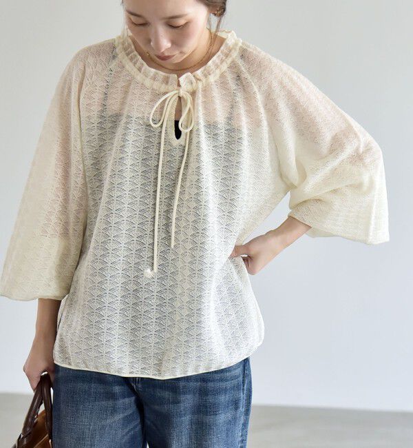 quaranciel「《予約》quaranciel:〈手洗い可能〉レース ジャカード ギャザー リボン プルオーバー」|シャツ・ブラウス|
