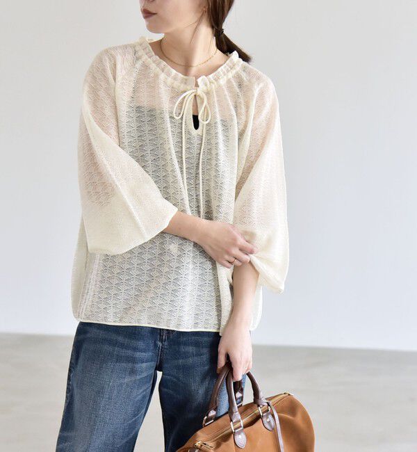 quaranciel「《予約》quaranciel:〈手洗い可能〉レース ジャカード ギャザー リボン プルオーバー」|シャツ・ブラウス|