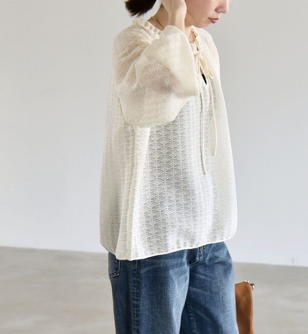 quaranciel「《予約》quaranciel:〈手洗い可能〉レース ジャカード ギャザー リボン プルオーバー」|シャツ・ブラウス|