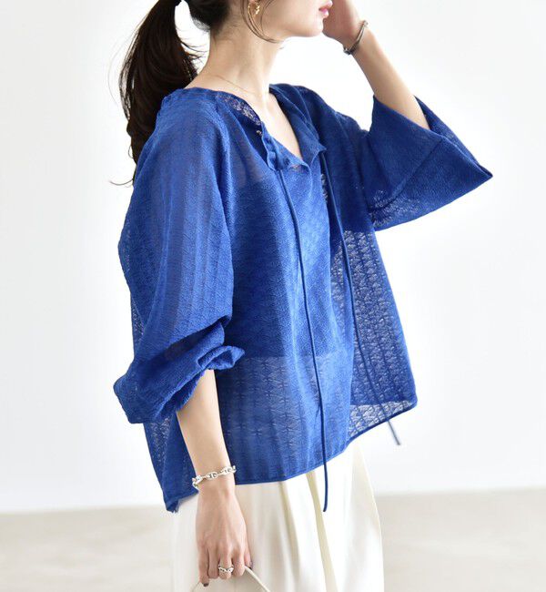 quaranciel「《予約》quaranciel:〈手洗い可能〉レース ジャカード ギャザー リボン プルオーバー」|シャツ・ブラウス|ブルー
