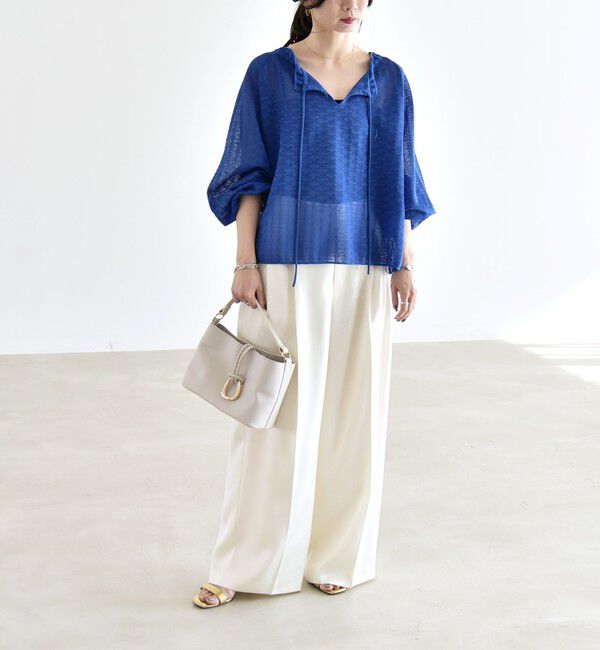 quaranciel「《予約》quaranciel:〈手洗い可能〉レース ジャカード ギャザー リボン プルオーバー」|シャツ・ブラウス|