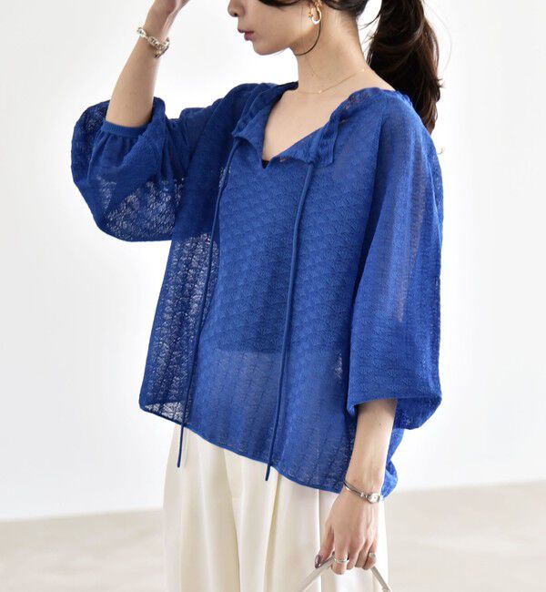 quaranciel「《予約》quaranciel:〈手洗い可能〉レース ジャカード ギャザー リボン プルオーバー」|シャツ・ブラウス|