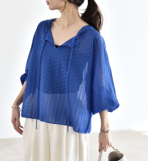 quaranciel「《予約》quaranciel:〈手洗い可能〉レース ジャカード ギャザー リボン プルオーバー」|シャツ・ブラウス|