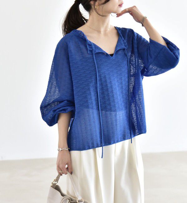 quaranciel「《予約》quaranciel:〈手洗い可能〉レース ジャカード ギャザー リボン プルオーバー」|シャツ・ブラウス|