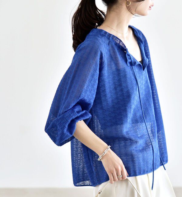 quaranciel「《予約》quaranciel:〈手洗い可能〉レース ジャカード ギャザー リボン プルオーバー」|シャツ・ブラウス|