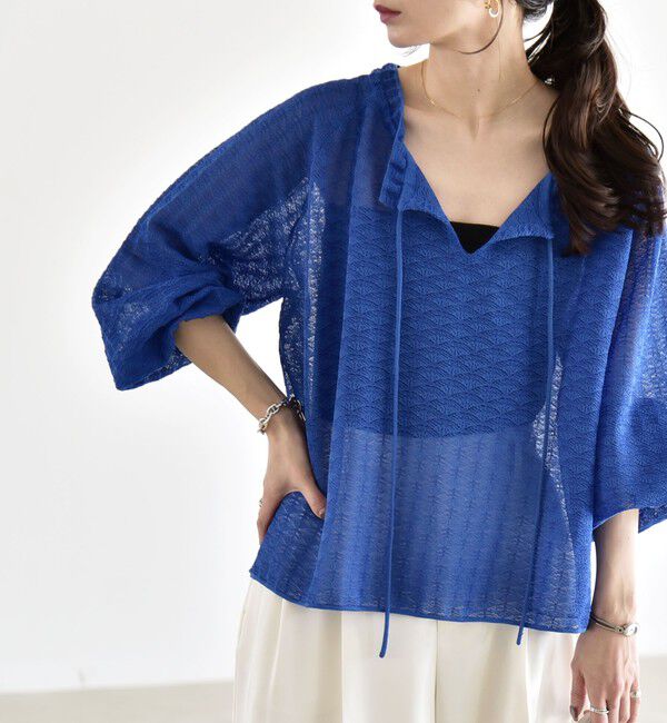 quaranciel「《予約》quaranciel:〈手洗い可能〉レース ジャカード ギャザー リボン プルオーバー」|シャツ・ブラウス|