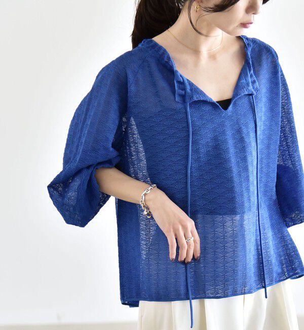 quaranciel「《予約》quaranciel:〈手洗い可能〉レース ジャカード ギャザー リボン プルオーバー」|シャツ・ブラウス|