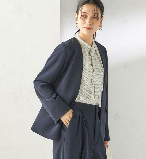 SHIPS for women「《予約》〈接触冷感 / UVカット〉Refinel カラーレス ジャケット（セレモニー対応可）」|ノーカラージャケット|ネイビー