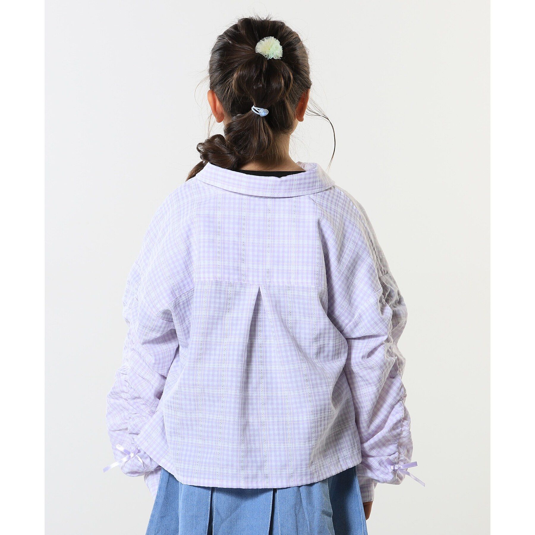 SHOO･LA･RUE「【洗える/100-150cm】お袖リボンがアクセント クロップド丈 チェックシャツ」|シャツ・ブラウス|