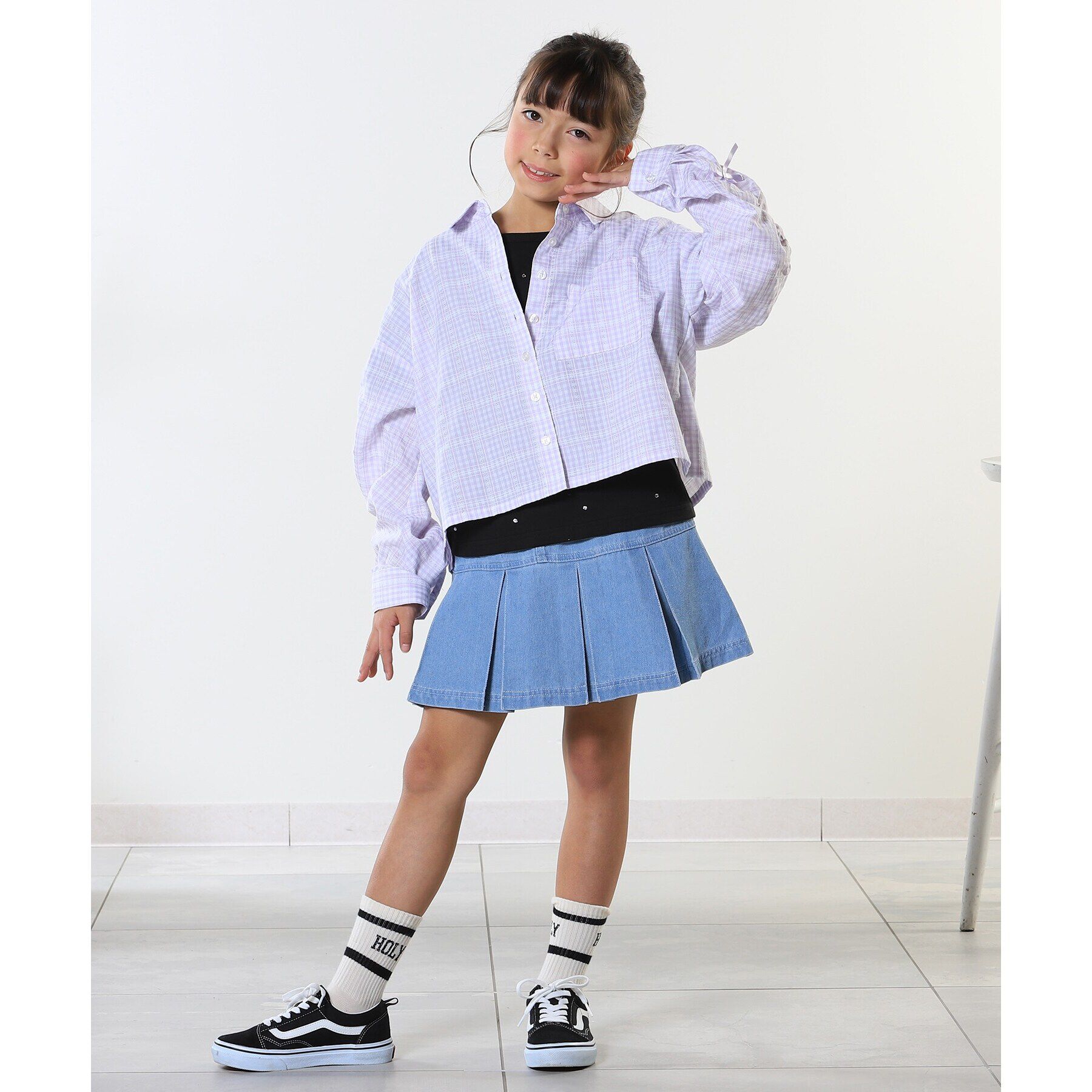 SHOO･LA･RUE「【洗える/100-150cm】お袖リボンがアクセント クロップド丈 チェックシャツ」|シャツ・ブラウス|