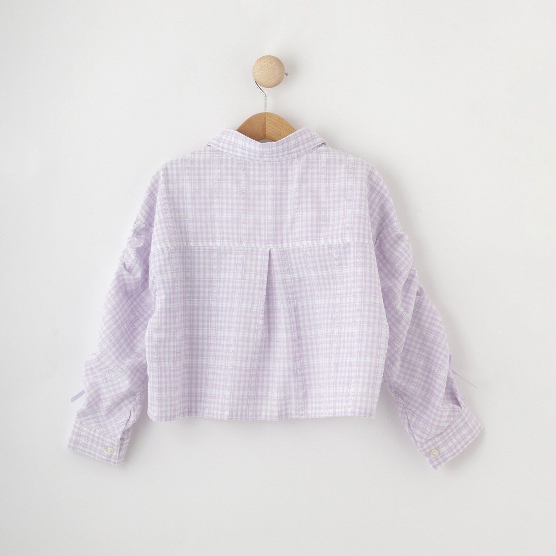 SHOO･LA･RUE「【洗える/100-150cm】お袖リボンがアクセント クロップド丈 チェックシャツ」|シャツ・ブラウス|