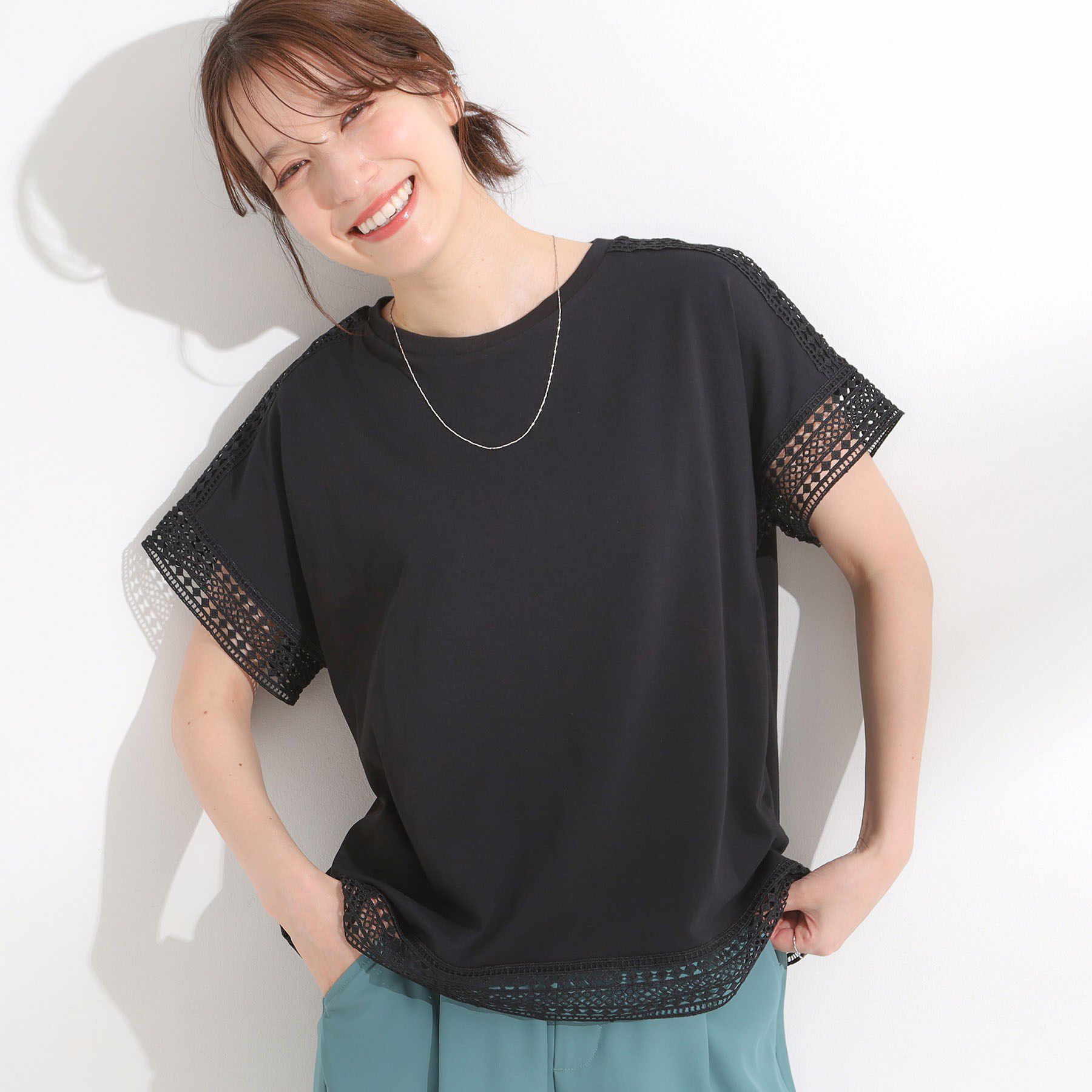 SHOO･LA･RUE「【S-LL/ひんやり】インせず決まる 楽してきれいなレース付きトップス」|Tシャツ・カットソー|ブラック(019)