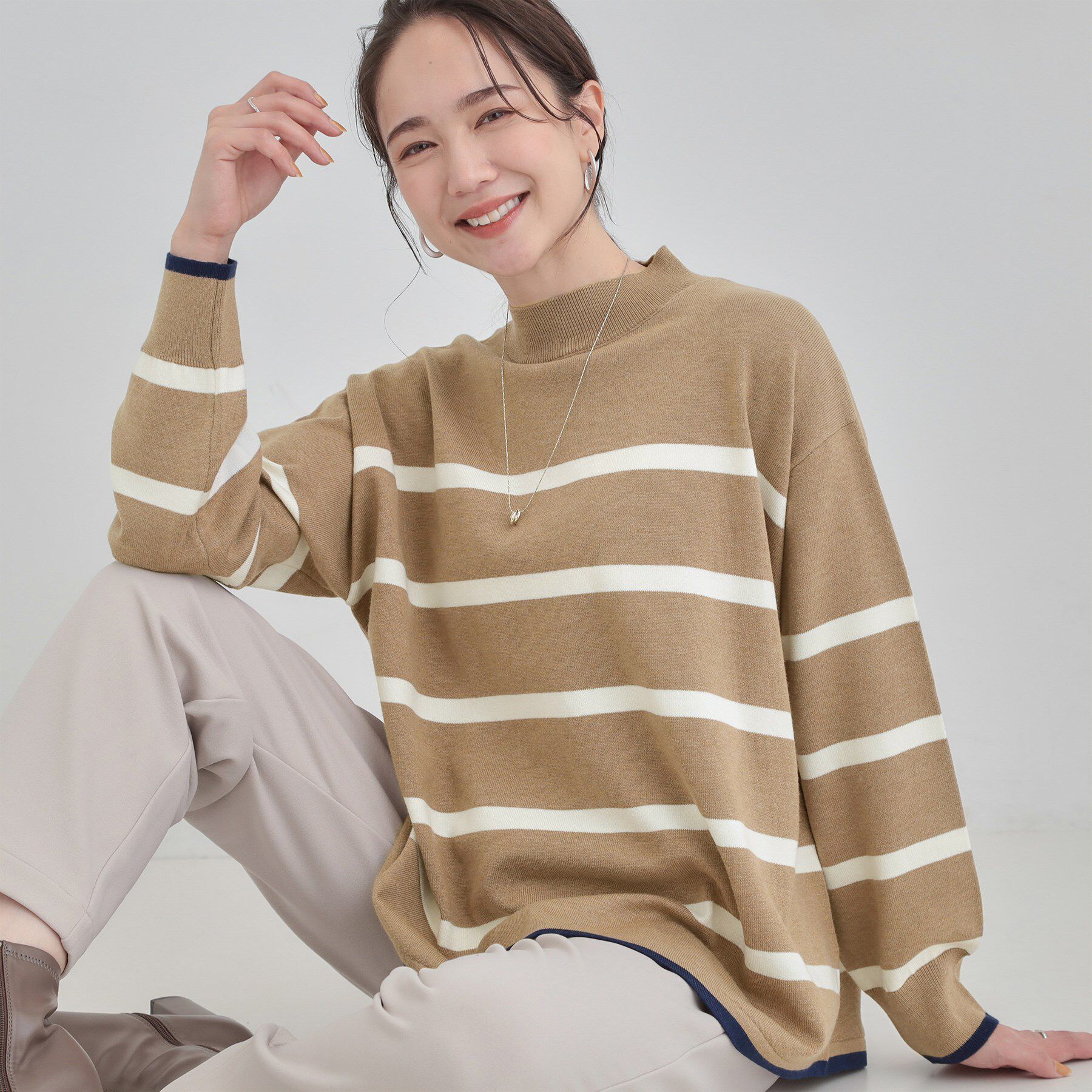 SHOO･LA･RUE「【洗濯機可/毛玉レス】春まで着られる 裾配色ボーダーニット」|ニット・セーター|ベージュ(352)