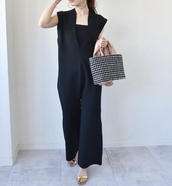 quaranciel「quaranciel:〈手洗い可能〉ディープVネック ニット オールインワン」|オールインワン|