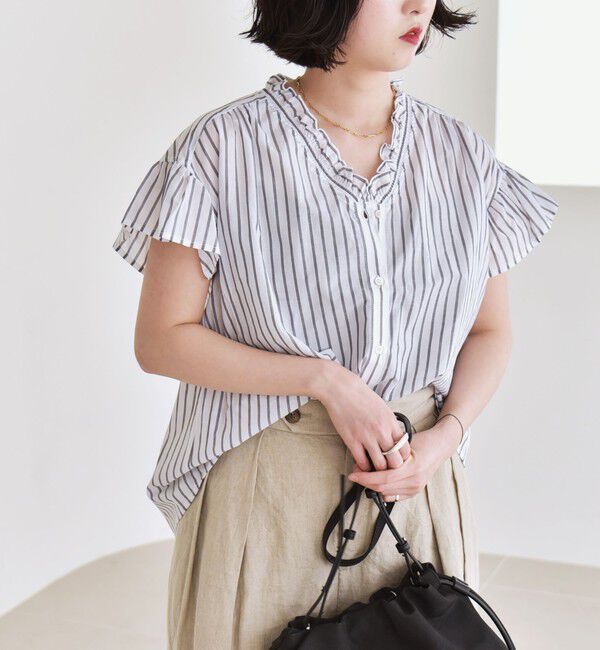 quaranciel「quaranciel:〈手洗い可能〉コットン フリルネック フレアスリーブ ブラウス」|シャツ・ブラウス|