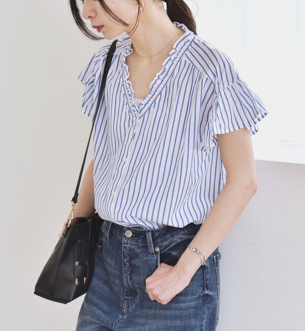 quaranciel「quaranciel:〈手洗い可能〉コットン フリルネック フレアスリーブ ブラウス」|シャツ・ブラウス|