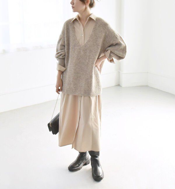 quaranciel「quaranciel:〈洗濯可能〉Vネック ニット ＆ シャツ ワンピース セット」|ワンピース|ベージュ