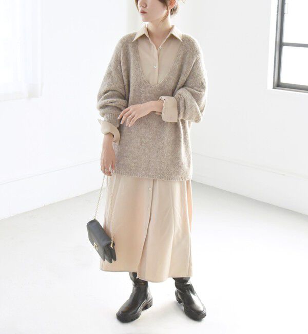 quaranciel「quaranciel:〈洗濯可能〉Vネック ニット ＆ シャツ ワンピース セット」|ワンピース|