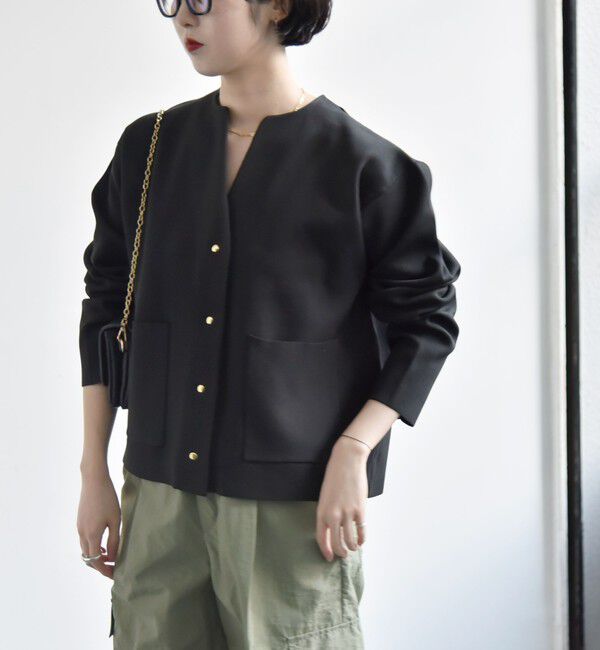 quaranciel「quaranciel:〈手洗い可能〉ノーカラー ポケット ニット ジャケット」|ノーカラージャケット|