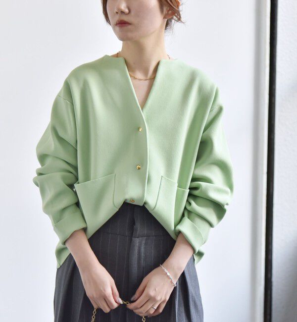 quaranciel「quaranciel:〈手洗い可能〉ノーカラー ポケット ニット ジャケット」|ノーカラージャケット|