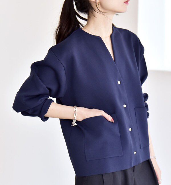 quaranciel「quaranciel:〈手洗い可能〉ノーカラー ポケット ニット ジャケット」|ノーカラージャケット|