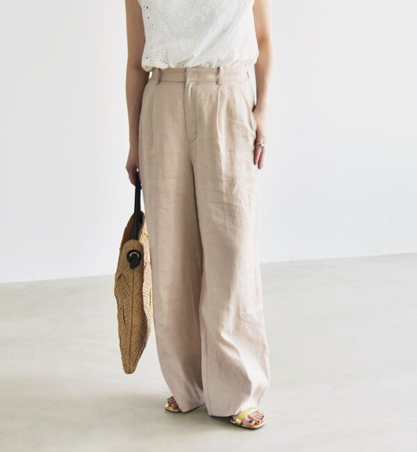 quaranciel「quaranciel:〈洗濯機可能〉リネン ミックス ワイド タック イージー パンツ」|スラックス|