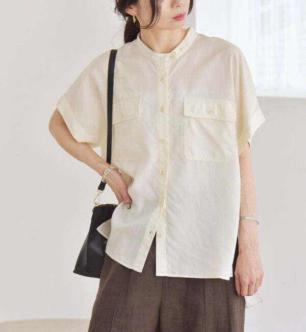 quaranciel「quaranciel:〈手洗い可能〉バンドカラー ハーフスリーブ ポケット ワーク シャツ」|シャツ・ブラウス|