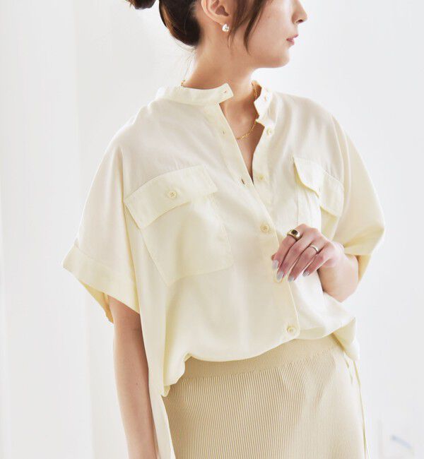 quaranciel「quaranciel:〈手洗い可能〉バンドカラー ハーフスリーブ ポケット ワーク シャツ」|シャツ・ブラウス|