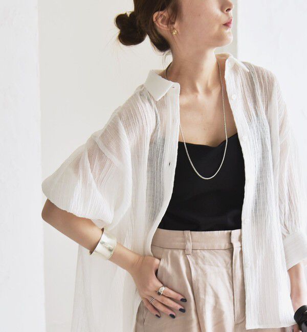 quaranciel「quaranciel :〈洗濯機可能〉シアー バンピー レギュラーカラー パフ シャツ ブラウス」|シャツ・ブラウス|