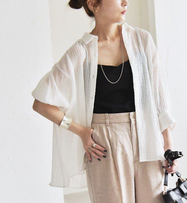 quaranciel「quaranciel :〈洗濯機可能〉シアー バンピー レギュラーカラー パフ シャツ ブラウス」|シャツ・ブラウス|