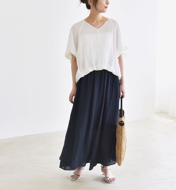 quaranciel「quaranciel:〈洗濯機可能〉シアー ストライプ ギャザーフレア スカート & ブラウス セット」|ワンピース|