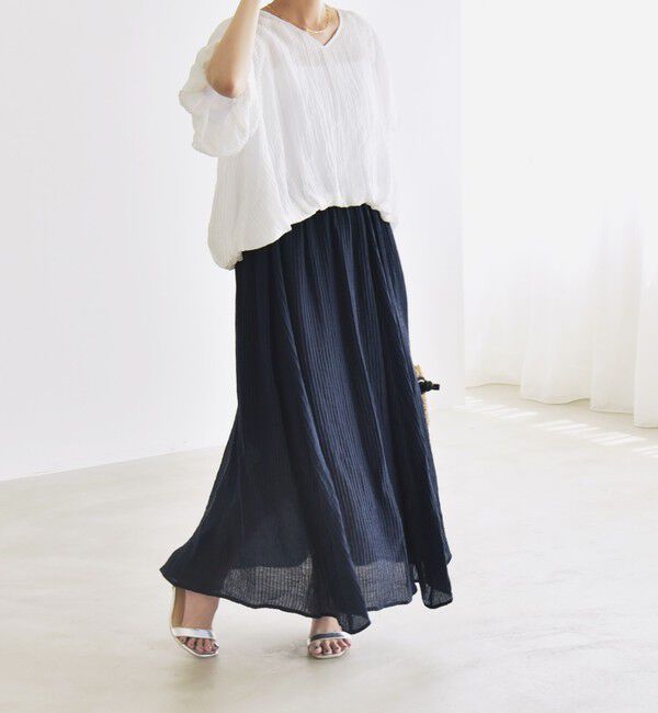 quaranciel「quaranciel:〈洗濯機可能〉シアー ストライプ ギャザーフレア スカート & ブラウス セット」|ワンピース|