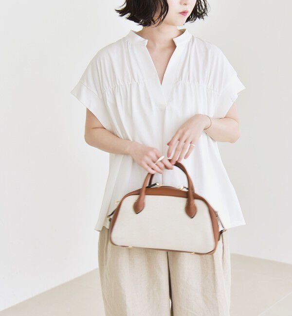 quaranciel「quaranciel:〈手洗い可能〉ギャザー スキッパー バンドカラー プルオーバー」|Tシャツ・カットソー|