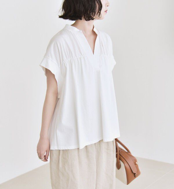 quaranciel「quaranciel:〈手洗い可能〉ギャザー スキッパー バンドカラー プルオーバー」|Tシャツ・カットソー|