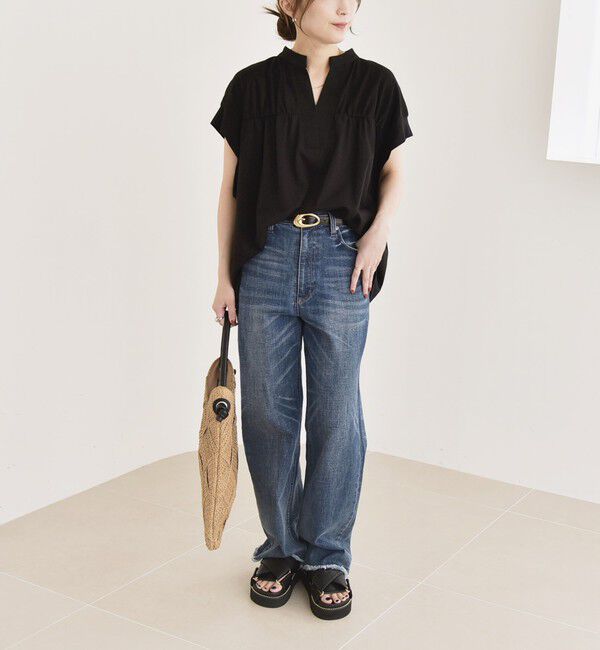 quaranciel「quaranciel:〈手洗い可能〉ギャザー スキッパー バンドカラー プルオーバー」|Tシャツ・カットソー|