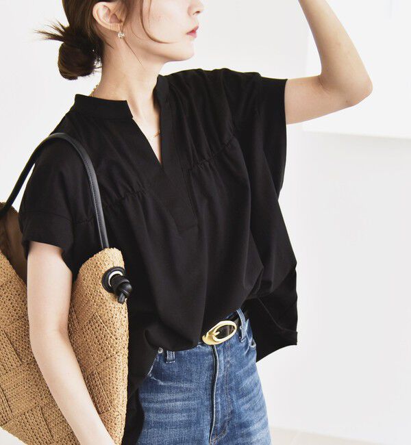 quaranciel「quaranciel:〈手洗い可能〉ギャザー スキッパー バンドカラー プルオーバー」|Tシャツ・カットソー|