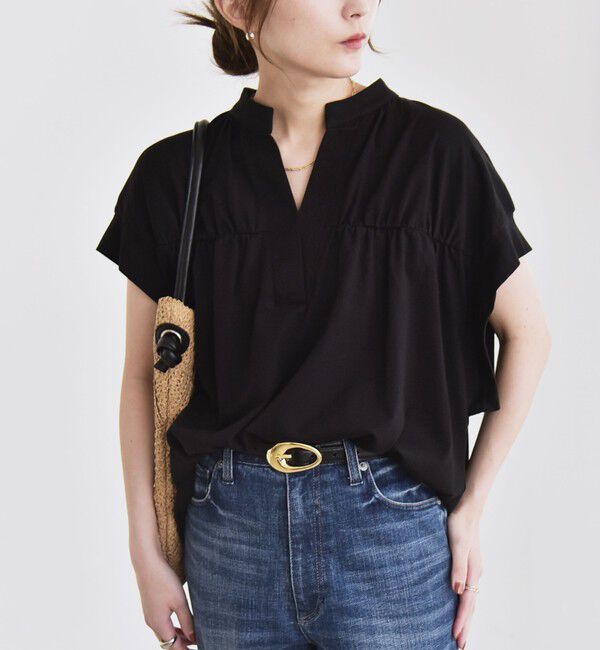 quaranciel「quaranciel:〈手洗い可能〉ギャザー スキッパー バンドカラー プルオーバー」|Tシャツ・カットソー|