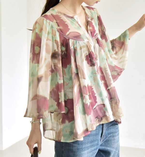 quaranciel「quaranciel:〈洗濯機可能〉シアー フラワー プリント ノーカラー ヨーク シャツ ブラウス」|シャツ・ブラウス|ベージュ