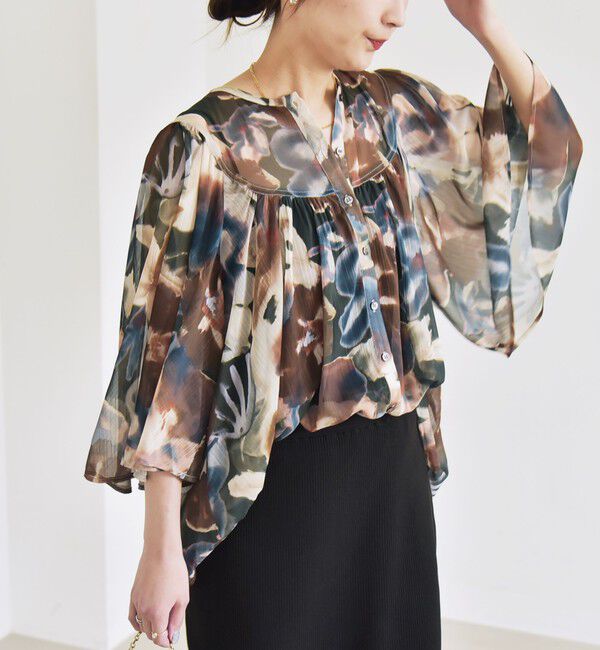 quaranciel「quaranciel:〈洗濯機可能〉シアー フラワー プリント ノーカラー ヨーク シャツ ブラウス」|シャツ・ブラウス|