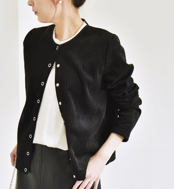 quaranciel「quaranciel:〈洗濯機可能〉ポリエステル ベロア リブ コンパクト スナップ カーディガン」|カーディガン|
